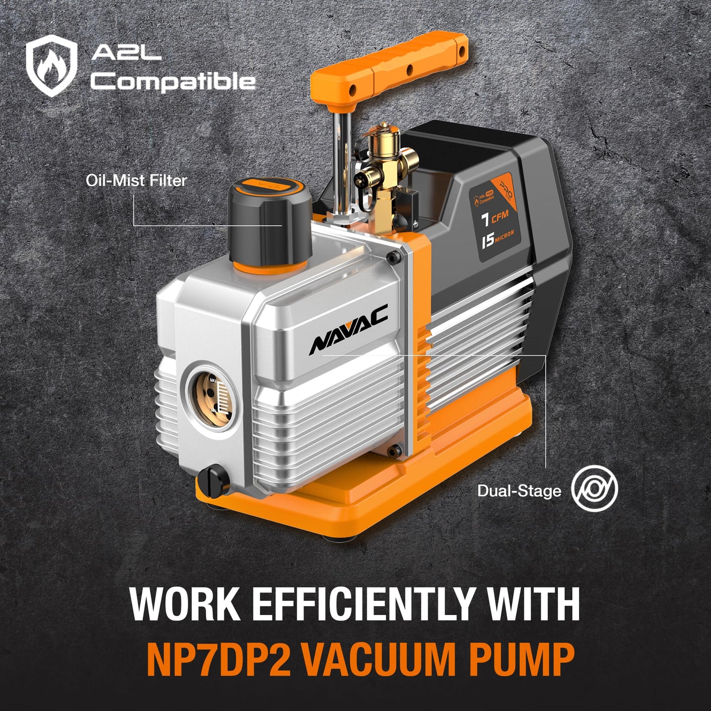 NAVAC NP7DP2 HVAC Vacuum Pump - Dual-Stage AC Motor - A2L Refrigerants - A/C Vacuum Pump Kit - For Evacuation of HVAC Equipment - 15 Microns - Pro Series - 7 CFM
