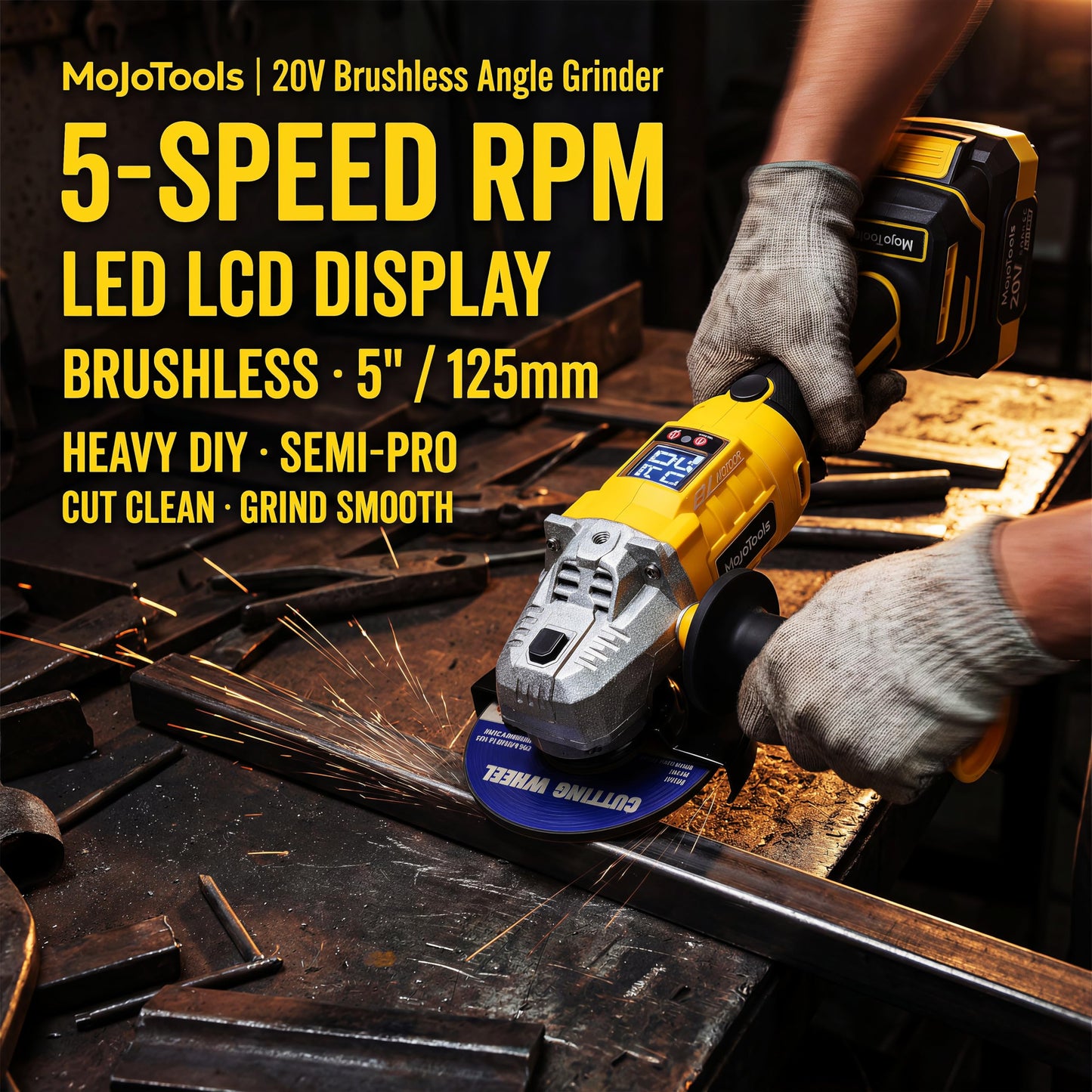 MoJoTools Brushless Cordless Power Tool Combo Kit for Heavy DIY & Semi-Professional Use – 50Nm Drill Driver, 380Nm Impact Wrench, 5" Angle Grinder LCD, 2×3000mAh Batteries, Carry Case &&Accessories