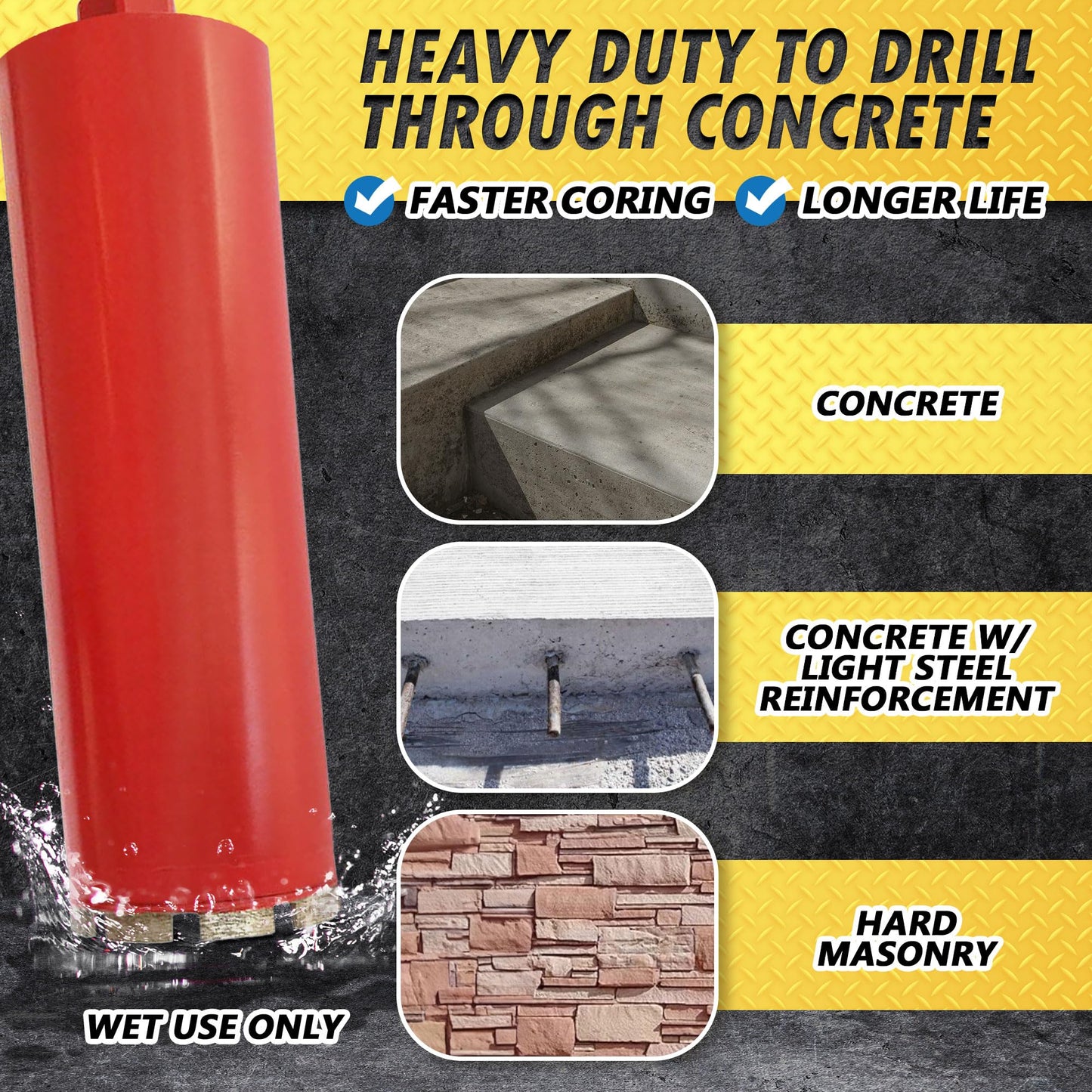 12" Wet Drill Core Bits for Concrete and Hard Masonry, 10mm Segment Height, 18" Drilling Depth, 1-1/4"-7 Arbor, Wet Only