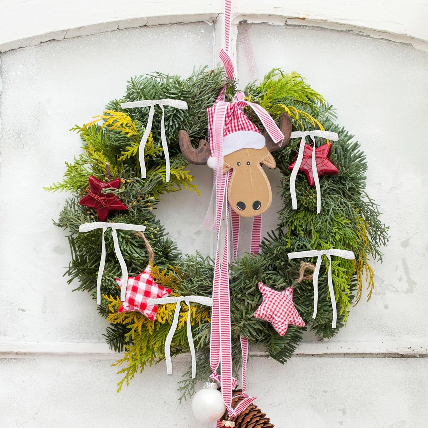 SIMISI Ribbon | 24 Pcs White Glitter Velvet Christmas Tree Bows - Sparkling Door Garland Decor (3/8'' Width, 5 x 7 Inch)
