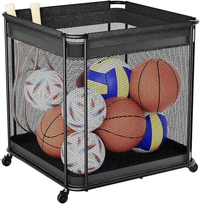 VOPEAK Oversized Rolling Ball Storage Cart with Lockable Wheels, Ball Storage Organizer with Mesh Basket, Sports Ball Rack for Indoor Outdoor, Metal Sports Equipment Organizer for Garage Gym School