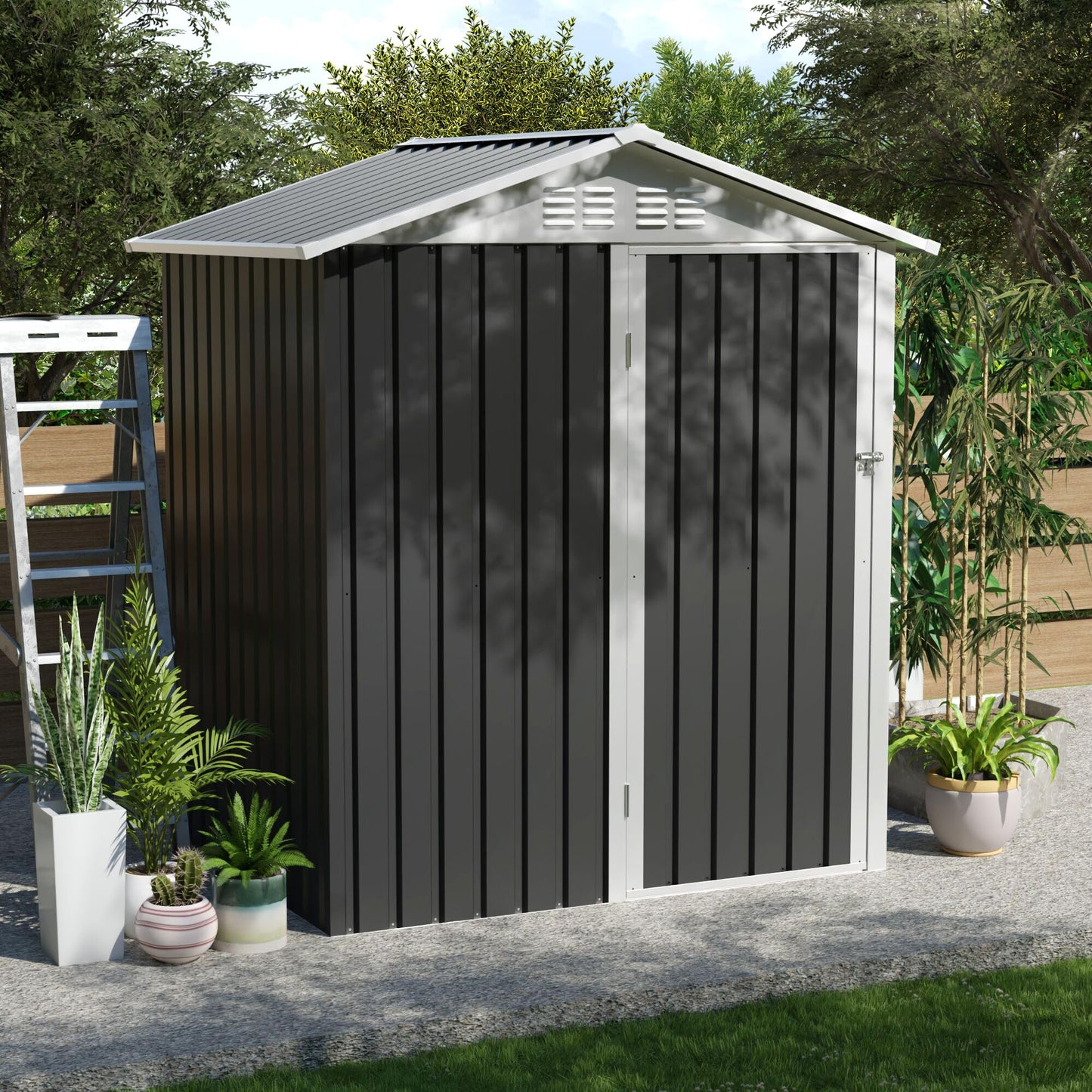 YOPTO 5.4x4.27 FT Outdoor Storage Shed, Metal Garden Tool Shed with Sloping Roof and Lockable Doors for Backyard Garden Patio Lawn, Grey