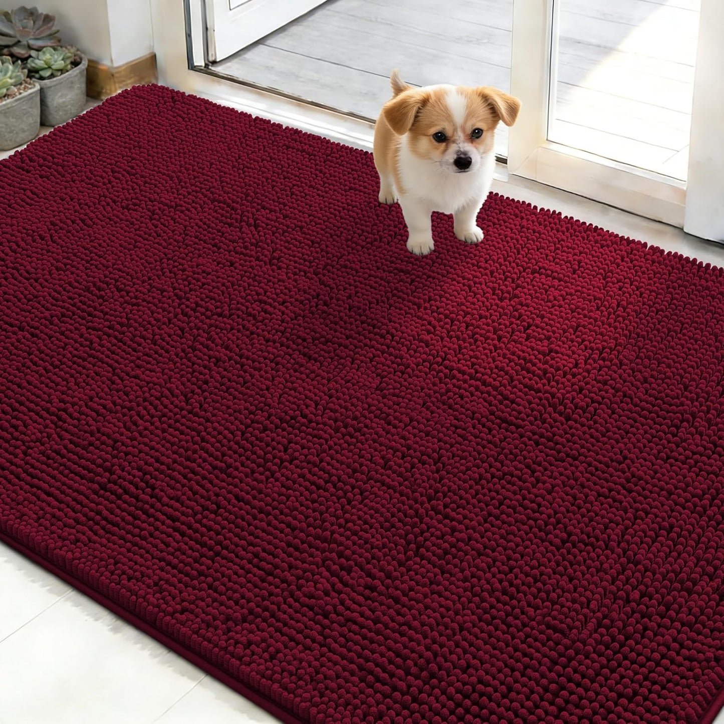 OLANLY Dog Door Mat - Absorbent Non-Slip Chenille Mud Mat for Muddy Paws | 50x30, Burgundy