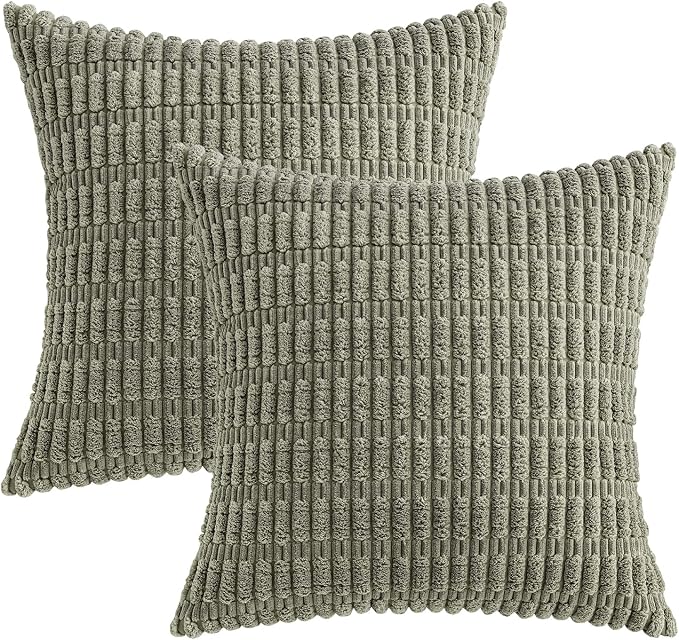 MIULEE Pack of 2 Corduroy Decorative Throw Pillow Covers 18x18 Inch Soft Boho Striped Pillow Covers Modern Farmhouse Home Decor for Summer Sofa Living Room Couch Bed Light Olive Green