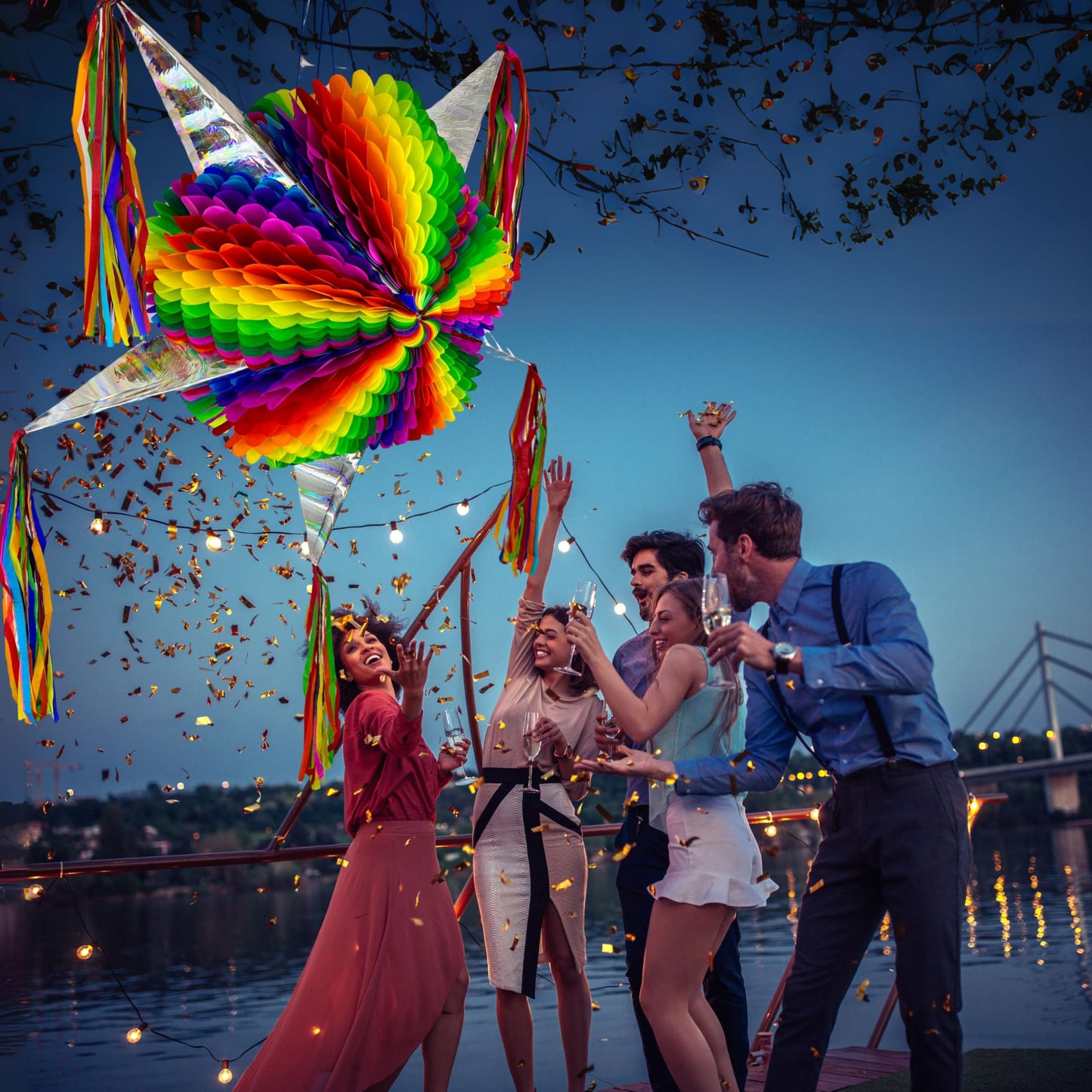 Mexican Pinata – Jumbo 33” Rainbow Piñata with 25-ft Rope Included – Easter Piñata, Pride Pinata, Holds 5 lbs of Candy – TexMex Fun Stuff