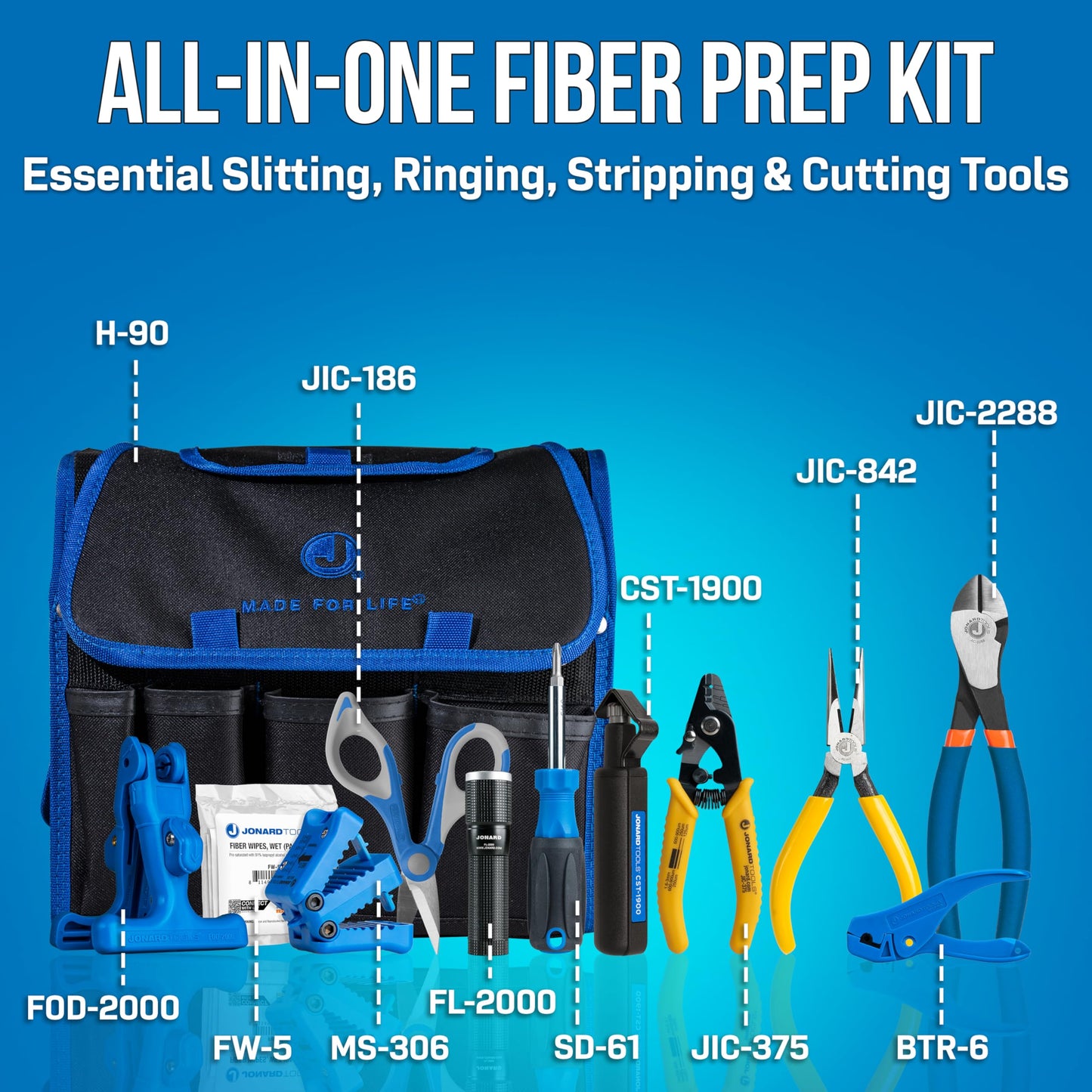 Jonard Tools TK-121 Fiber Prep Kit+ - 12 Piece Premium Fiber Optic Cable Access and Termination Tools set with Stripping, Ringing, And Cutting Tools