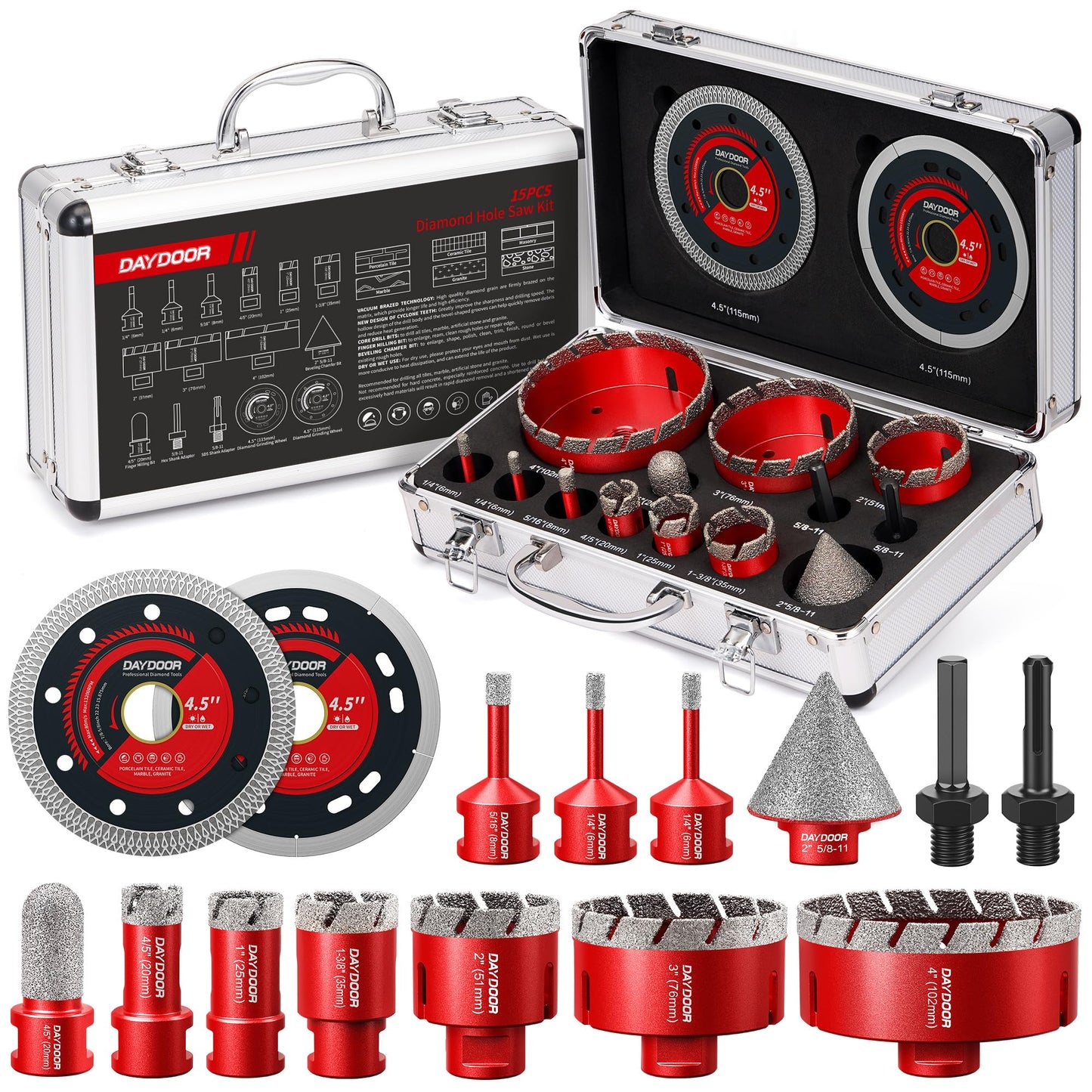 DAYDOOR Diamond Hole Saw Kit, 15-Piece Tile Hole Saw Kit 1/4" 5/16" 4/5" 1" 1-3/8" 2" 3" 4",Vacuum Brazed Core Drill Bits for Porcelain Tile, Granite, Marble, Stone(Red)