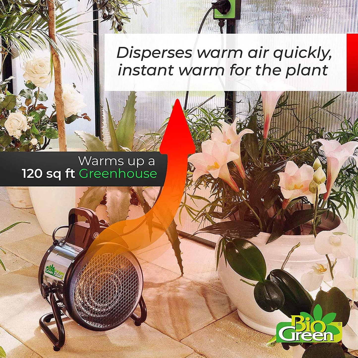 BioGreen Electric Greenhouse Heater & Fan with Digital Thermostat PALMA | 1500 Watts, 5100 BTU/hr | 5800 ft³/h Air Circulation -58 to 210.2°F | Stainless Steel | Spraywater Proof