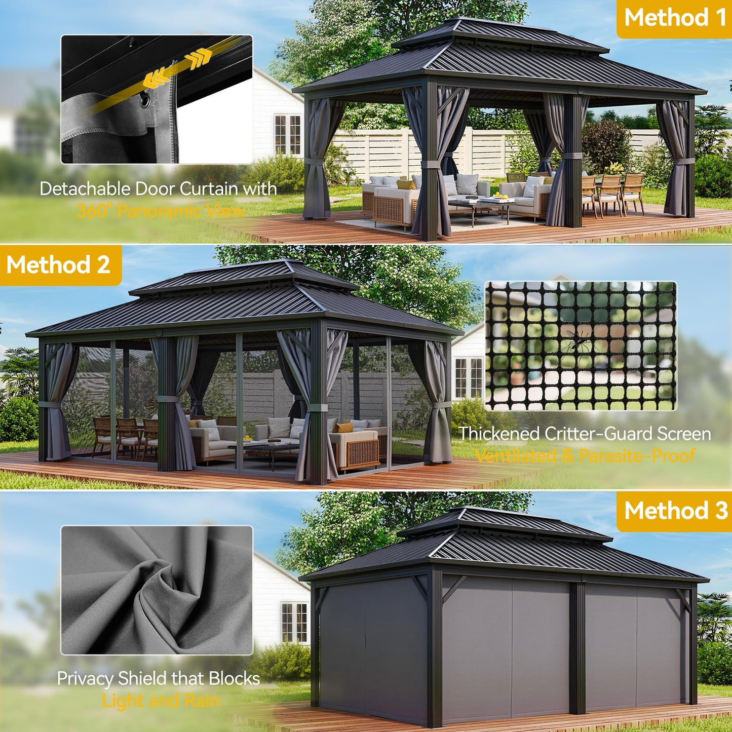 DWVO 18x12ft Aluminum Gazebo Hardtop Double Roof Canopy Outdoor Gazebo Galvanized Roof with Netting and Curtain Garden Tent for Patio, Backyard and Deck