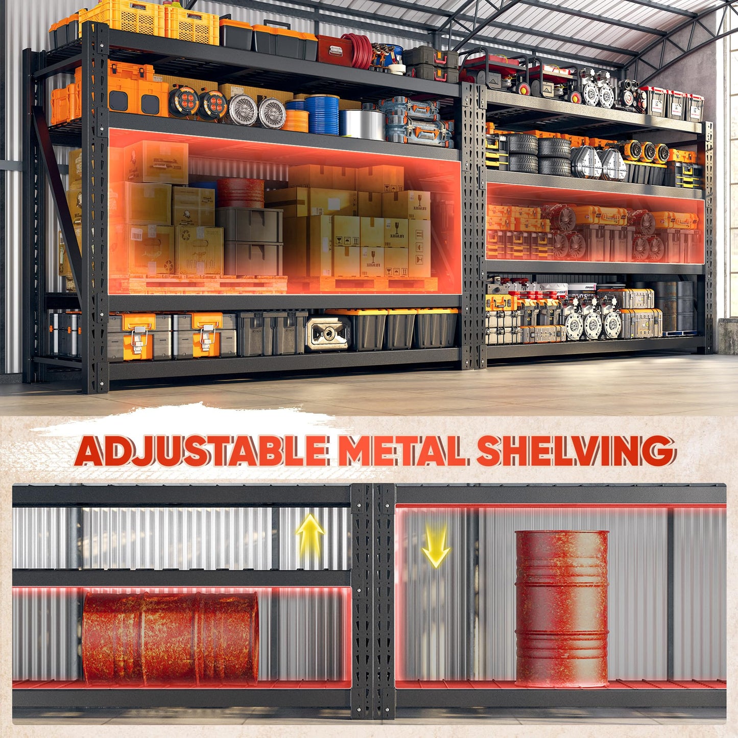 Bepatio 9400LBSGarage Shelving Heavy Duty,68'W Storage Shelves,Large Industrial Metal Shelving,4Tier Shelving Unit,Adjustable Rack Shelf for Basement Warehouse Commercial School,23.7'Dx72'H,Black