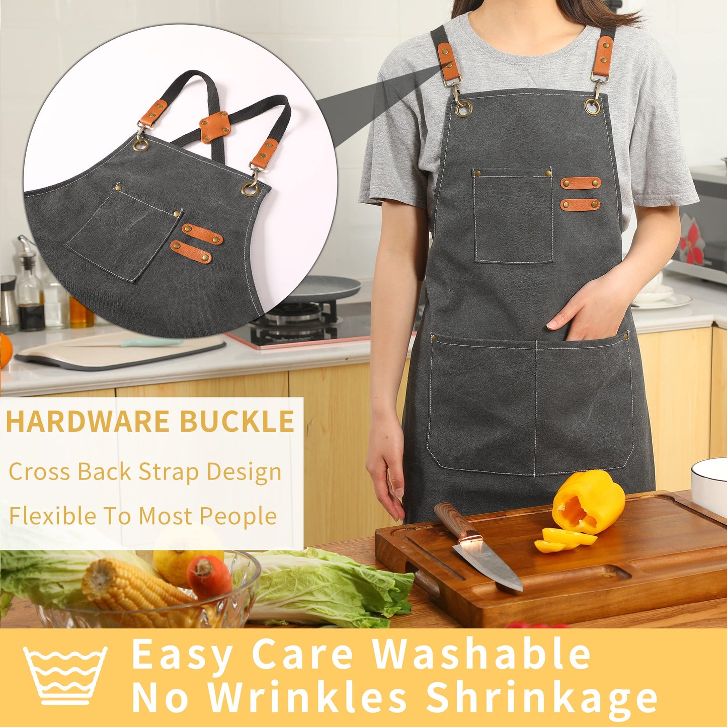 Tosewever 2 Pack Canvas Cross Back Chef Apron for Men Women with Pockets, Cotton Tool Aprons for Cooking Kitchen BBQ Artist (Grey, 2 Pack)