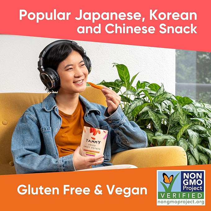 Yammy Dried Sweet Potato Sticks (5 Pack) - 1 Ingredient Healthy Asian Snack for Adults & Kids (Japanese, Korean, Chinese Food) - Vegan, Gluten-Free, 3g Protein, 4g Fiber, 12 Vitamins & Minerals, 2.5oz