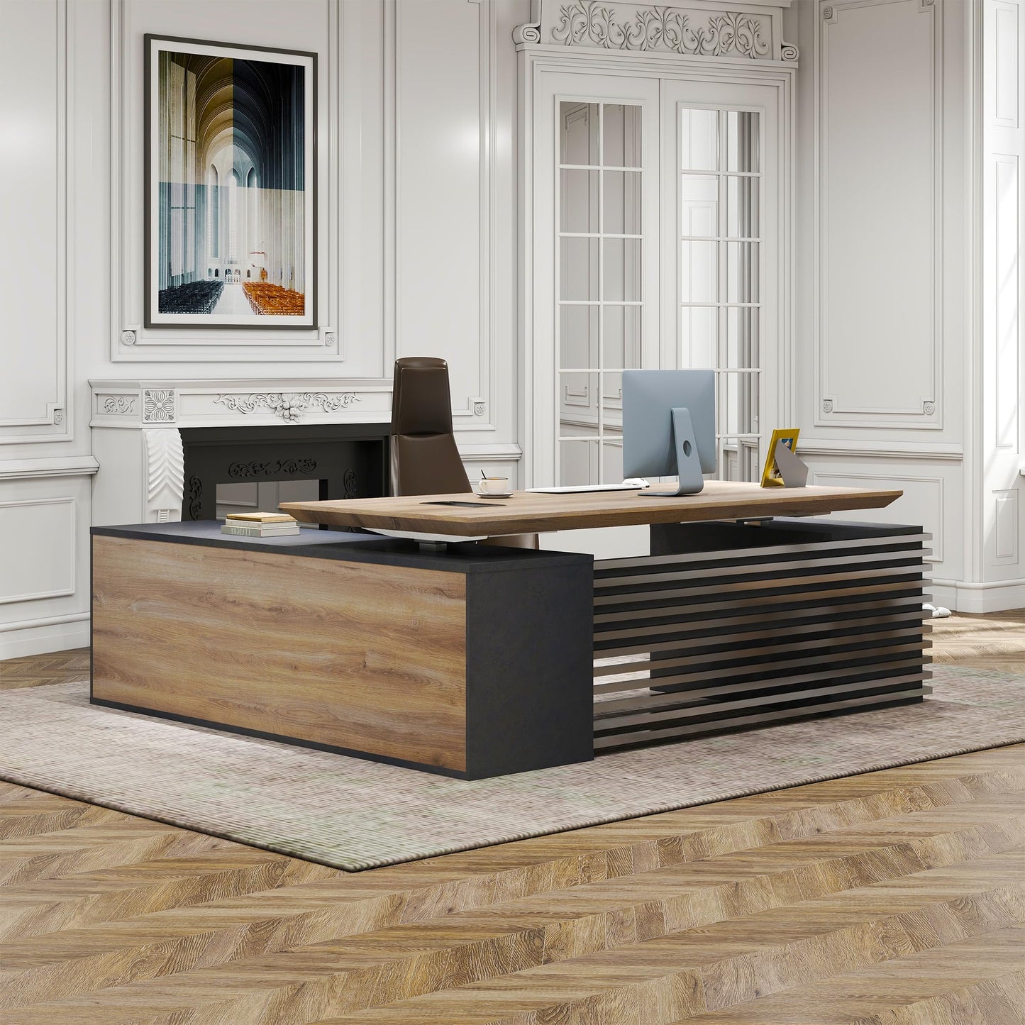 Electric Height Adjustable Executive Desk, Luxury L-Shaped Office Desk with Storage Cabinet & Charging Station, Solid Thickened Desktop, 86" Modern CEO Workstation for Home Office & Corporate Office