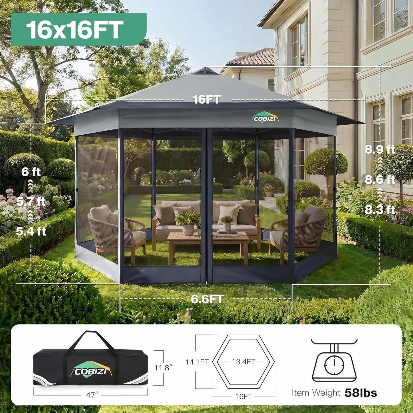 COBIZI 16x16 Pop up Gazebo on Clearance, Hexagonal Outdoor Canopy Tent with Mosquito Netting, Adjustable Height and 256 Square ft of Shade for Party, Backyard, Gardens with Vented Top（Dark Gray）