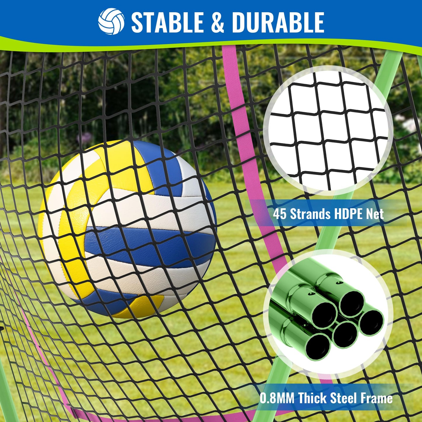 Oswerpon Volleyball Rebounder Net 7x4 FT, 5-Angle Adjustable Bounce Back Net, Steel Frame & PE Training Net for Volleying/Spiking, Rust-Resistant & Durable – w/Travel Bag, 2 NETS (Green & Pink)