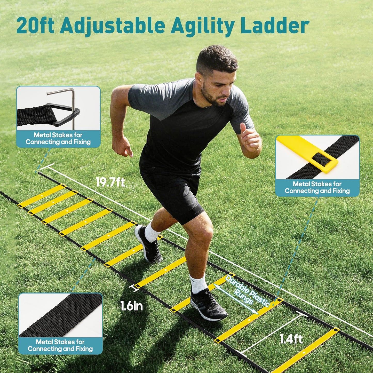 OLIXIS Soccer Football Agility Training Equipment with 4 Adjustable Hurdles, 12 Socce Cones, Running Parachute and Jump Rope, 20ft Agility Speed Ladder for Speed and Footwork - Yellow