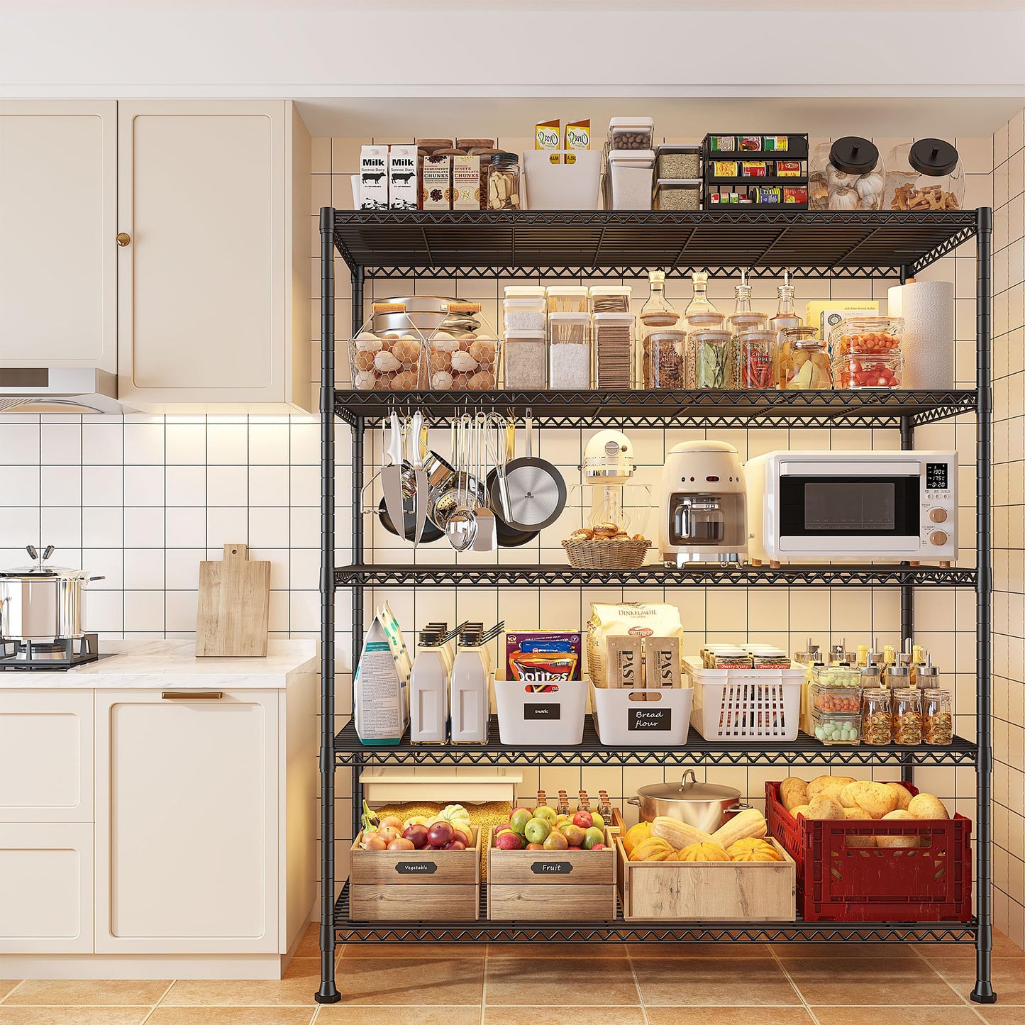 REIBII 45.8" W Ventilated Storage Shelves, Heavy Duty 5-Tier Wire Shelving, Adjustable Metal Shelf for Pantry Kitchen Garage Basement Commercial, Tool-Free Assembly, 45.8" W x 71" H, Black