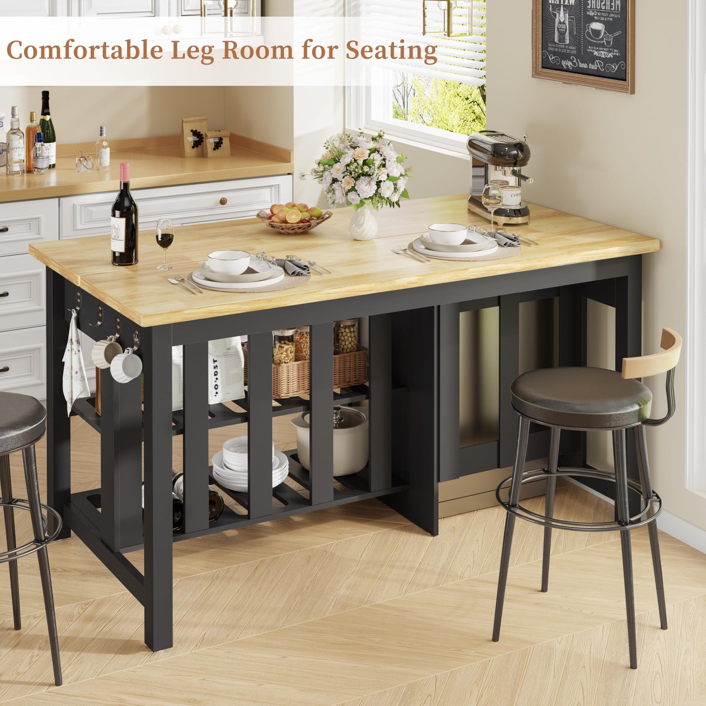 DynJest 60" Solid Rubberwood Kitchen Island with Fridge Storage Space and Power Outlets, 2 Drawers & Open Shelves Coffee Bar Cabinet for Kitchen, Farmhouse Counter Height Dining Table for 2-4, Black