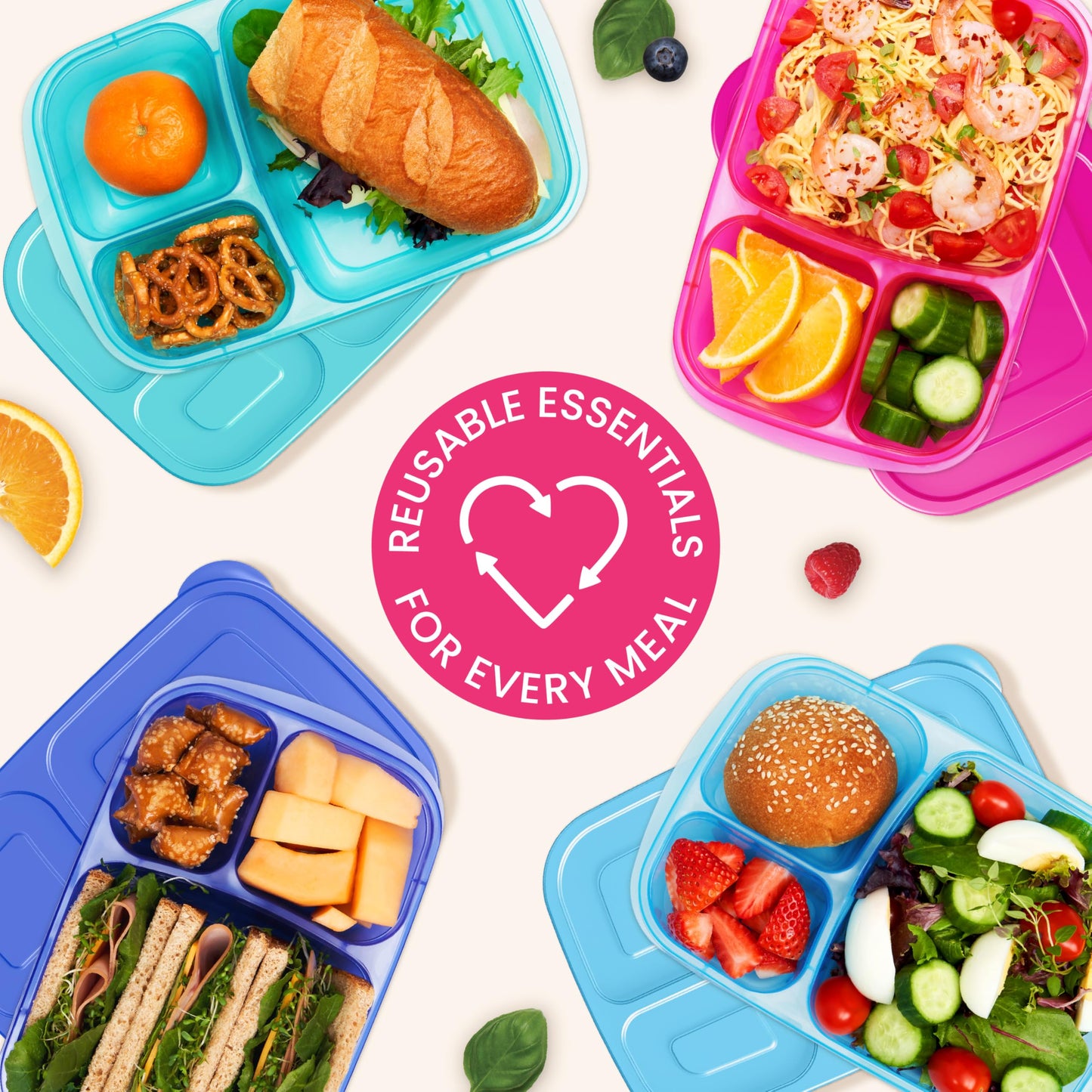 Bentgo Easyboxes - Original Stackable Lunch Boxes - Reusable 3-Compartment Food Containers for Kids and Adults - Bento Lunch Box for Meal Prep, School, & Work - BPA Free, Set of 10 (Jewel Brights)
