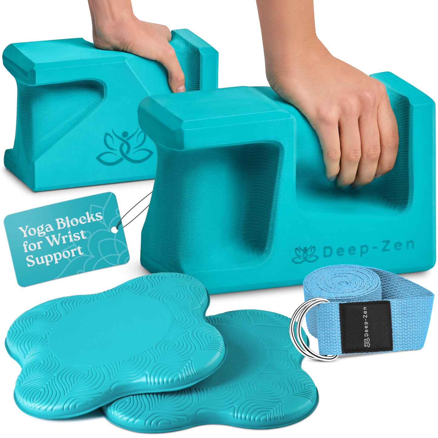 Deep-Zen PRO Yoga Blocks | Ergonomic Yoga Block 2 Pack for Wrist Comfort and Support | EVA Foam Exercise Blocks, 2x Knee Pads & Yoga Strap | Pilates Block Set | Bricks to Eliminate Wrist Pain (Blue)