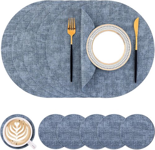 Homaxy Round Faux Leather Placemats - Washable Dual-Sided Table Mats Set of 6 | 13" & 3.93" - Blue