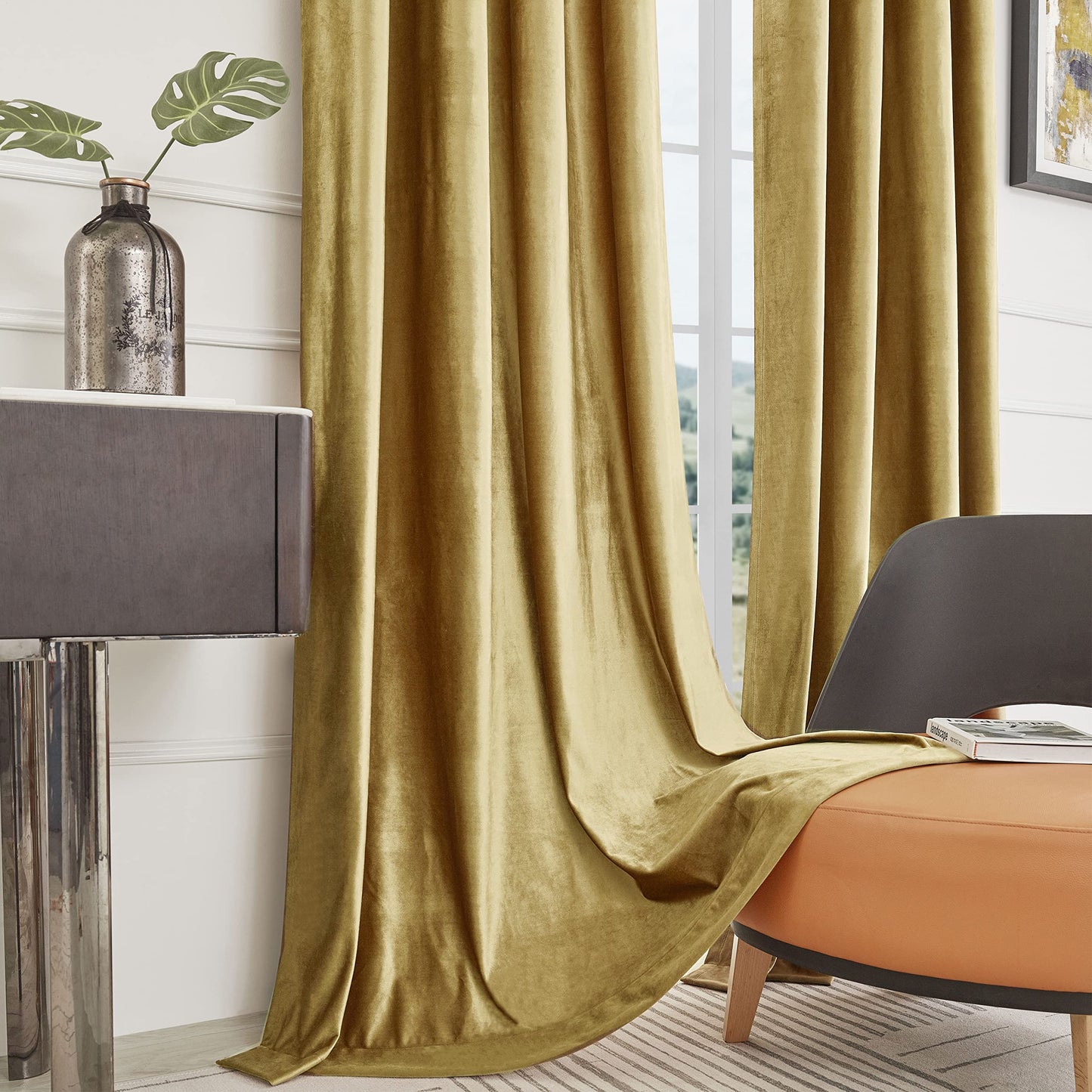 BULBUL Velvet Gold Curtains 120 inch Length- Living Room Blackout Thermal Window Drapes Darkening Decor Grommet Curtains for Bedroom Set of 2 Panels