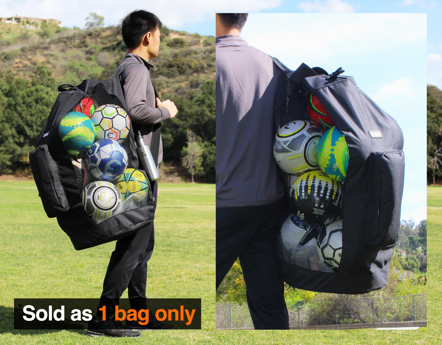 Fitdom Heavy Duty XL Soccer Mesh Equipment Ball Bag w/Adjustable Shoulder Strap Design for Coach. with an Over-Sized Front Pocket for Sporting Accessories. Best for All Outdoor & Water Gears