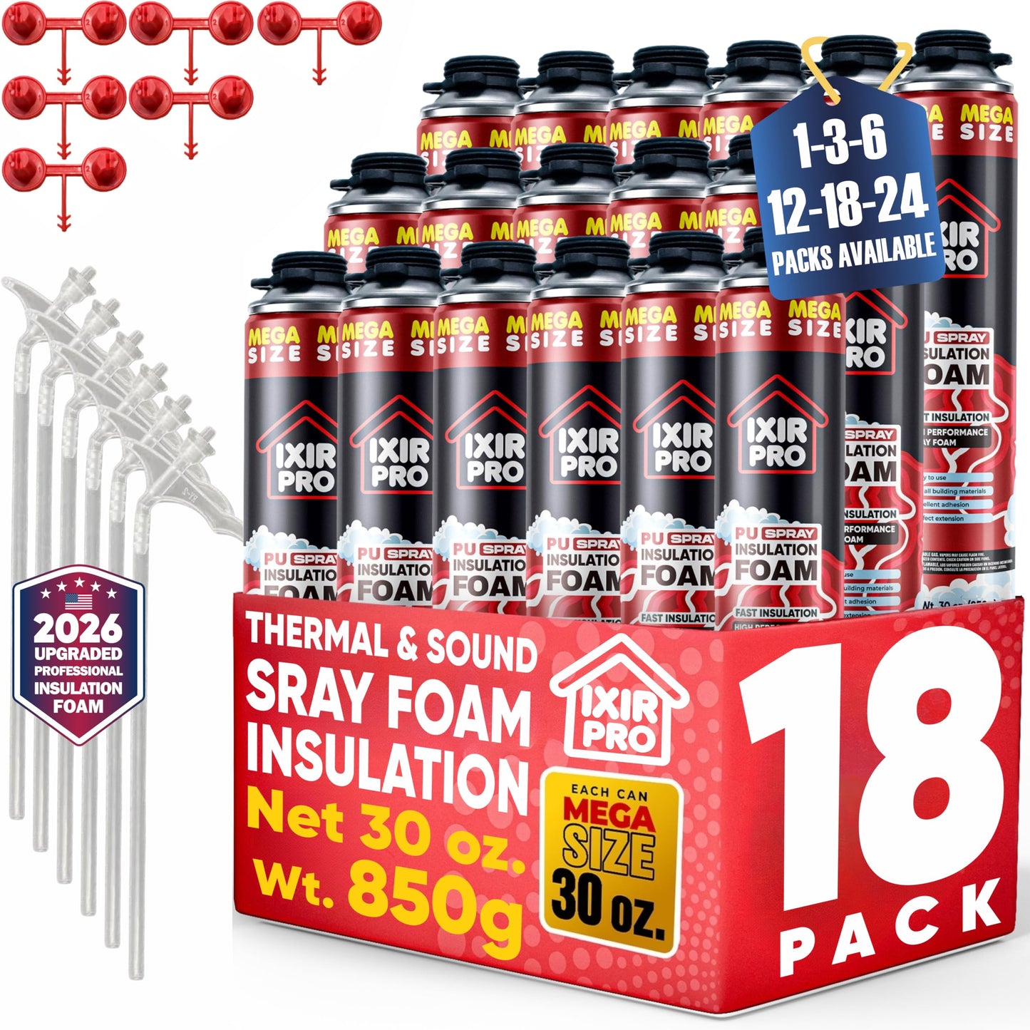 Spray Foam Insulation Can (18 x 30 oz) Expanding Sealant, Mega Size Closed Cell Spray Foam Insulation, High Density, Walls Ceiling Windows Doors