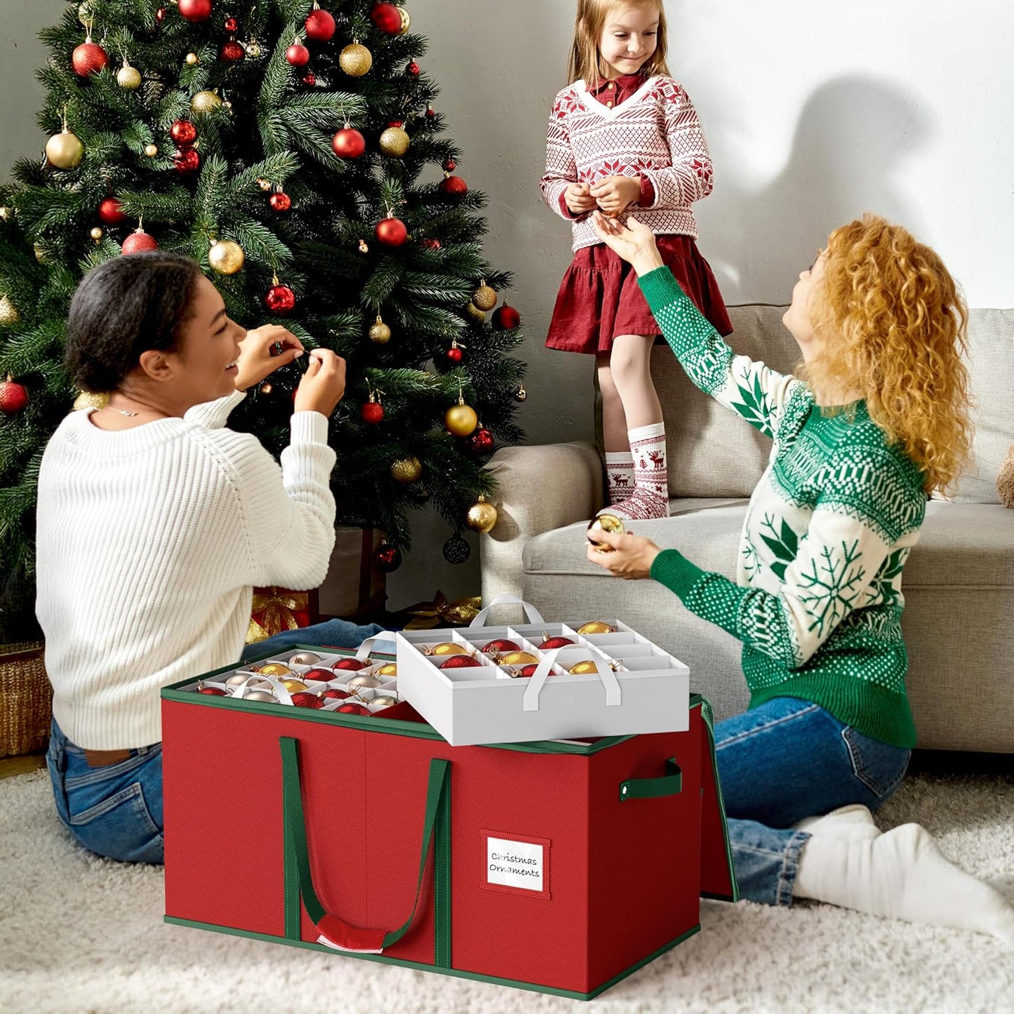 Simple Houseware Heavy-Duty Christmas Ornament Storage Box - Adjustable Dividers, Holds 128 Ornaments, Red