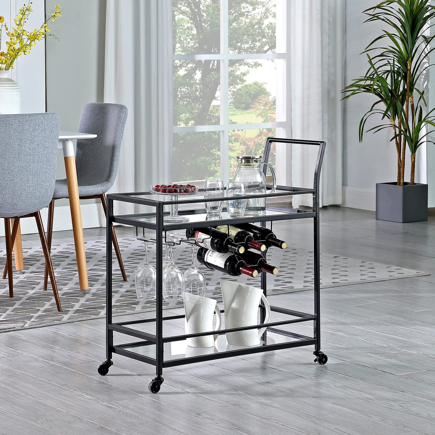 FirsTime & Co. Black Francesca Bar Cart, 2 Tier Mobile Mini Bar, Kitchen Serving Cart and Coffee Station with Storage for Wine and Glasses, Metal and Glass, Modern