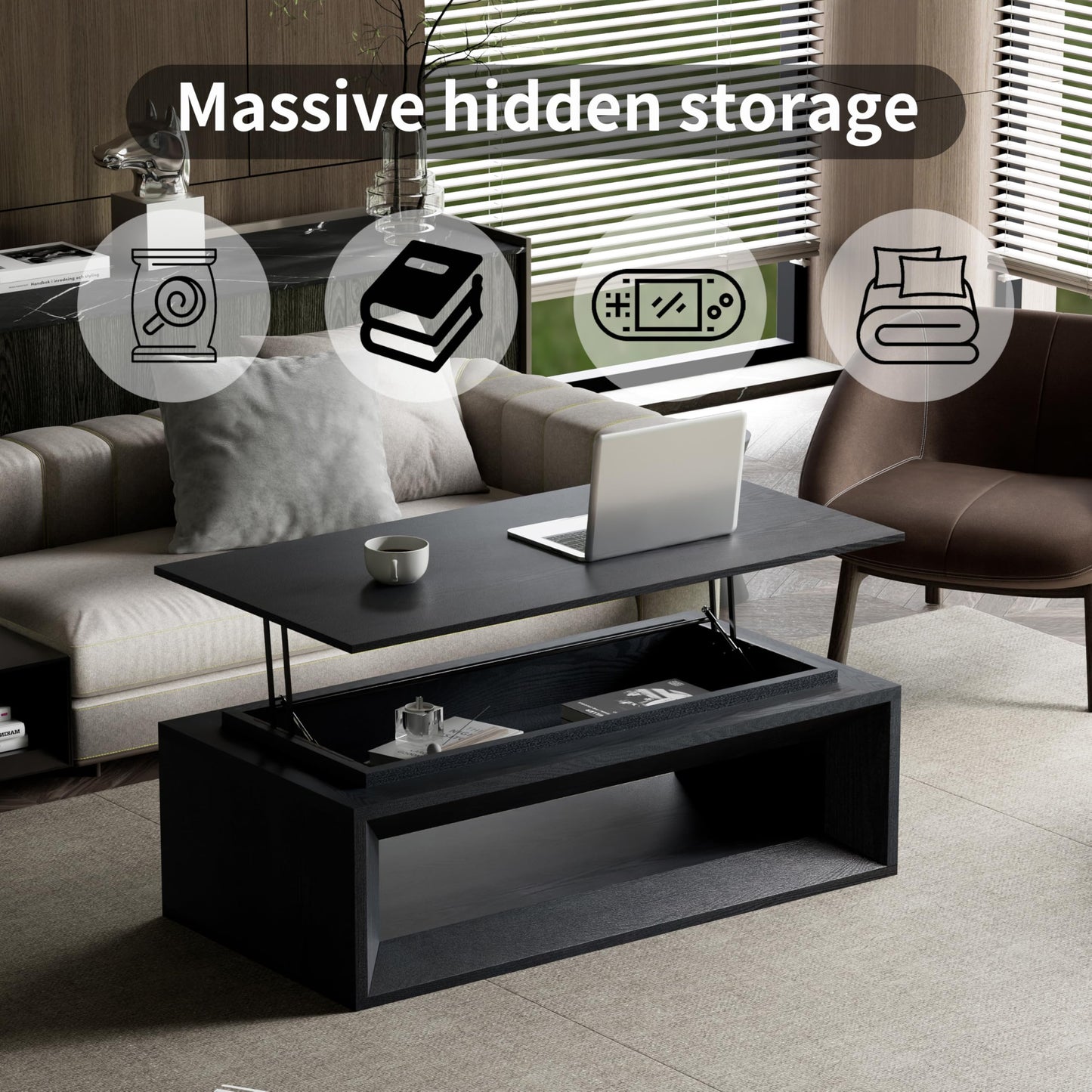 KEIKI 43.3" Lift-Top Coffee Table with Hydraulic Storage, Converts to Desk or Dining Table, Hidden Compartment, Open Shelf, Multifunctional Small Coffee Table for Living Room, Office, Black