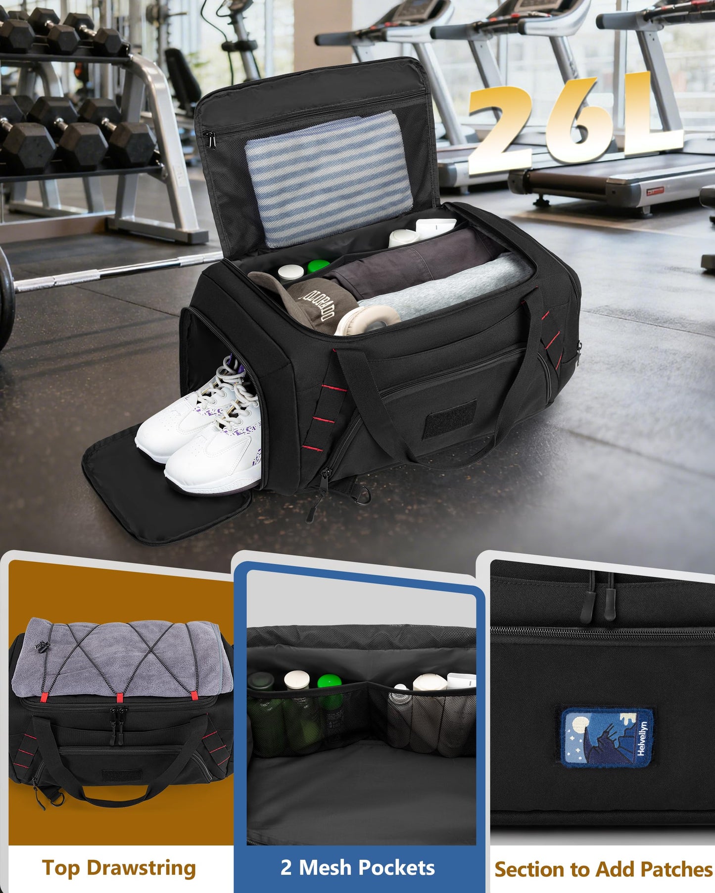 Smasrob 26L Gym Duffle Bag with Backpack Straps, Shoe Compartment and Wet Pocket, Small Duffle Bag for Travel and Sports, Black
