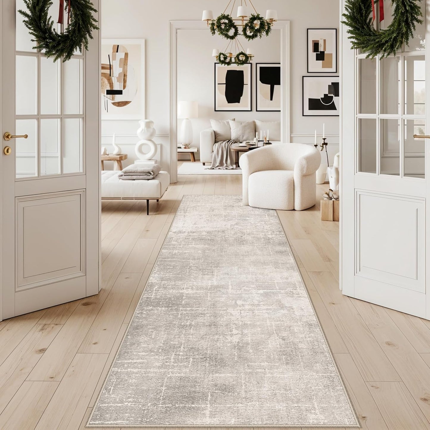 Skiennix Abstract Kitchen Rug Runner - Washable Non-Slip Soft Floor Mat | 3x10 ft Beige/Cream