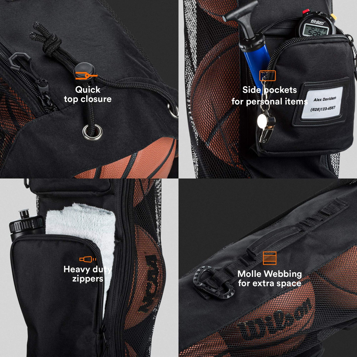 Fitdom Heavy Duty XL Basketball Mesh Equipment Ball Bag w/Shoulder Strap Design for Coach with 2 Front Pockets for Coaching & Sport Accessories. This Team Tube Carrier Can Store Up to 5 Basketballs
