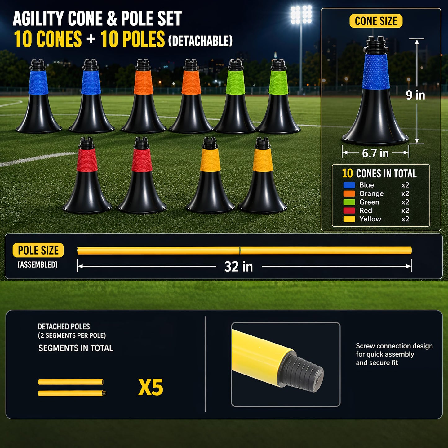 BLANRICO 9 Inch Agility Training Cones with Poles, 10PCS Set Soccer Basketball Practice Cones for Speed Footwork and Coordination Drills