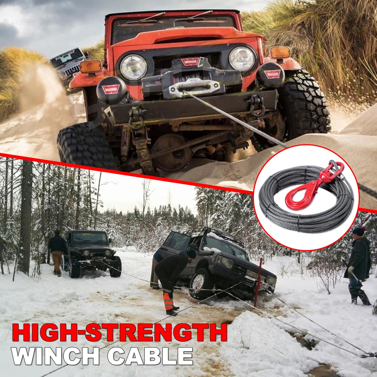 SajoSolid Steel Winch Cable, 1/2 Inch x 75 Feet Heavy Duty Towing Cable for Off-Road Recovery, Truck & Jeep, Durable Steel Wire Rope with Self-Locking Hook, High Tensile