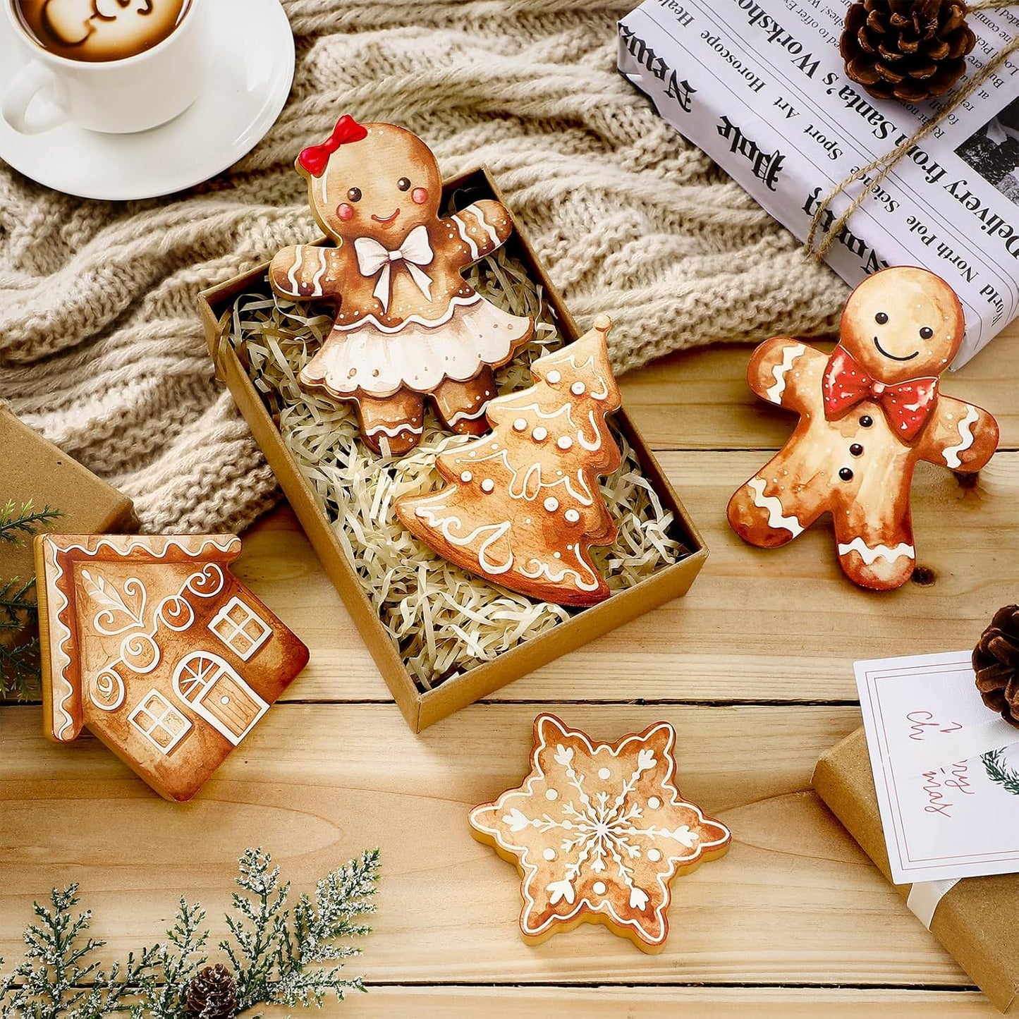 Threehoney Gingerbread Christmas Decorations - 5 Pcs Cute Wooden Table Centerpieces for Home & Office