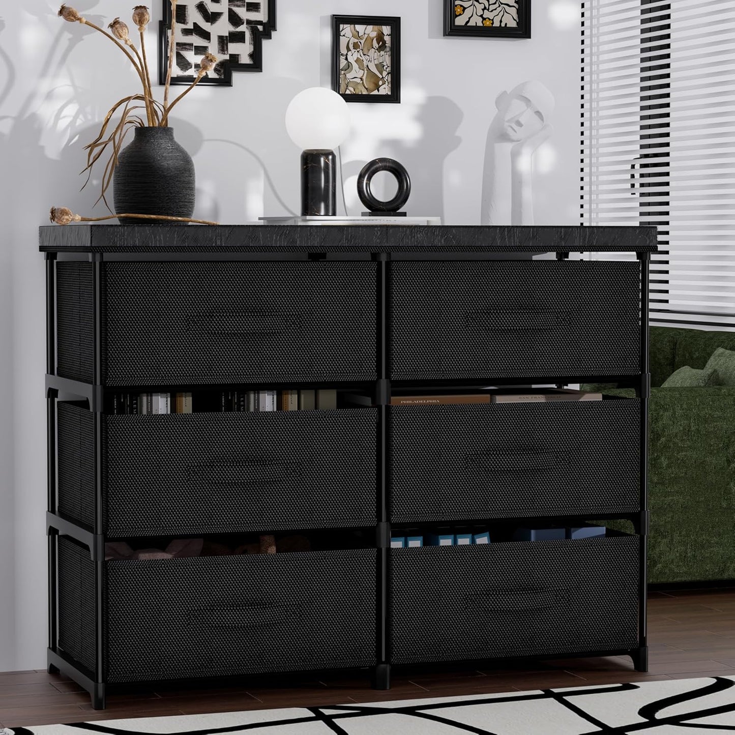 PPN Dresser - 6 Fabric Drawer Storage Cabinet for Living Room & Bedroom - Sturdy Metal Frame, Black