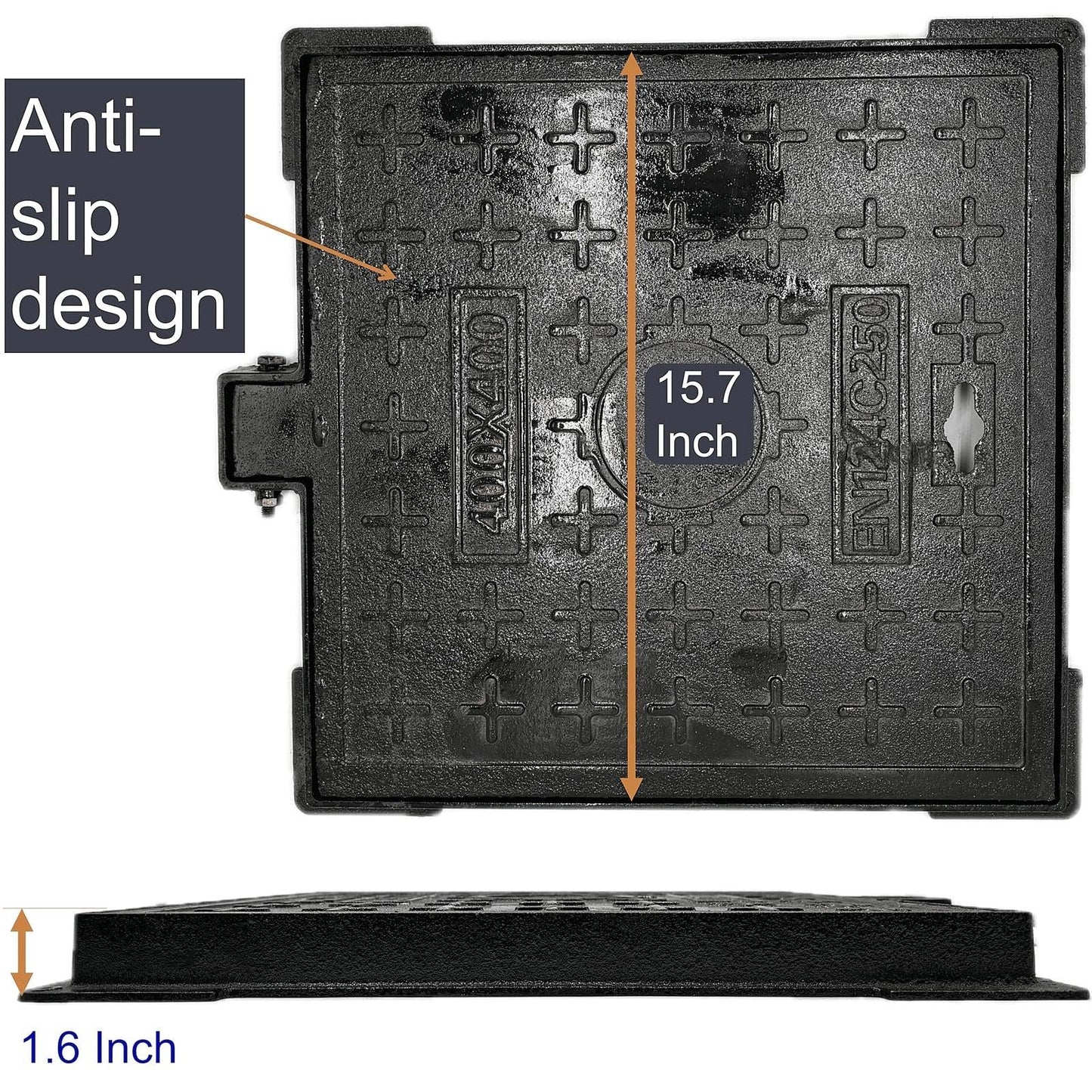 MASSLUNT 16x16 In Cast Iron Manhole Cover and Frame for 15" Corrugated Pipe, B-Class 28100 lbs Heavy-Duty Driveway Septic Tank Lid with Base, Square Anti-Slip Inspection Well Cover (True 15.8" ISL)