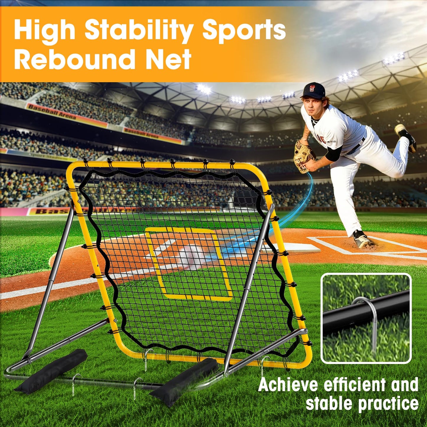 JIRTEMOT 3.7 x 3.7 FT Rebound Net, with Pitching Target for Soccer, Baseball and Volleyball, Adjustable Pitching Rebound Net, Yellow