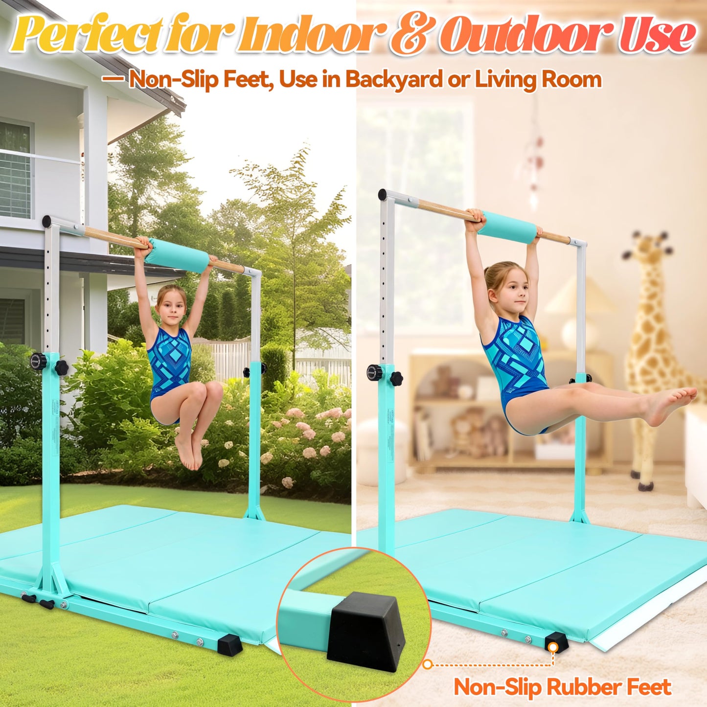 Seliyoo Foldable Gymnastics Bar for Kids Teens Ages 3-18, 5FT/6FT Kip Training Bar -Sturdy Base for Home Training,Adjustable Height 35" to 59" for, 400 LBS Capacity,Anti-Slip Base & Easy Assembly