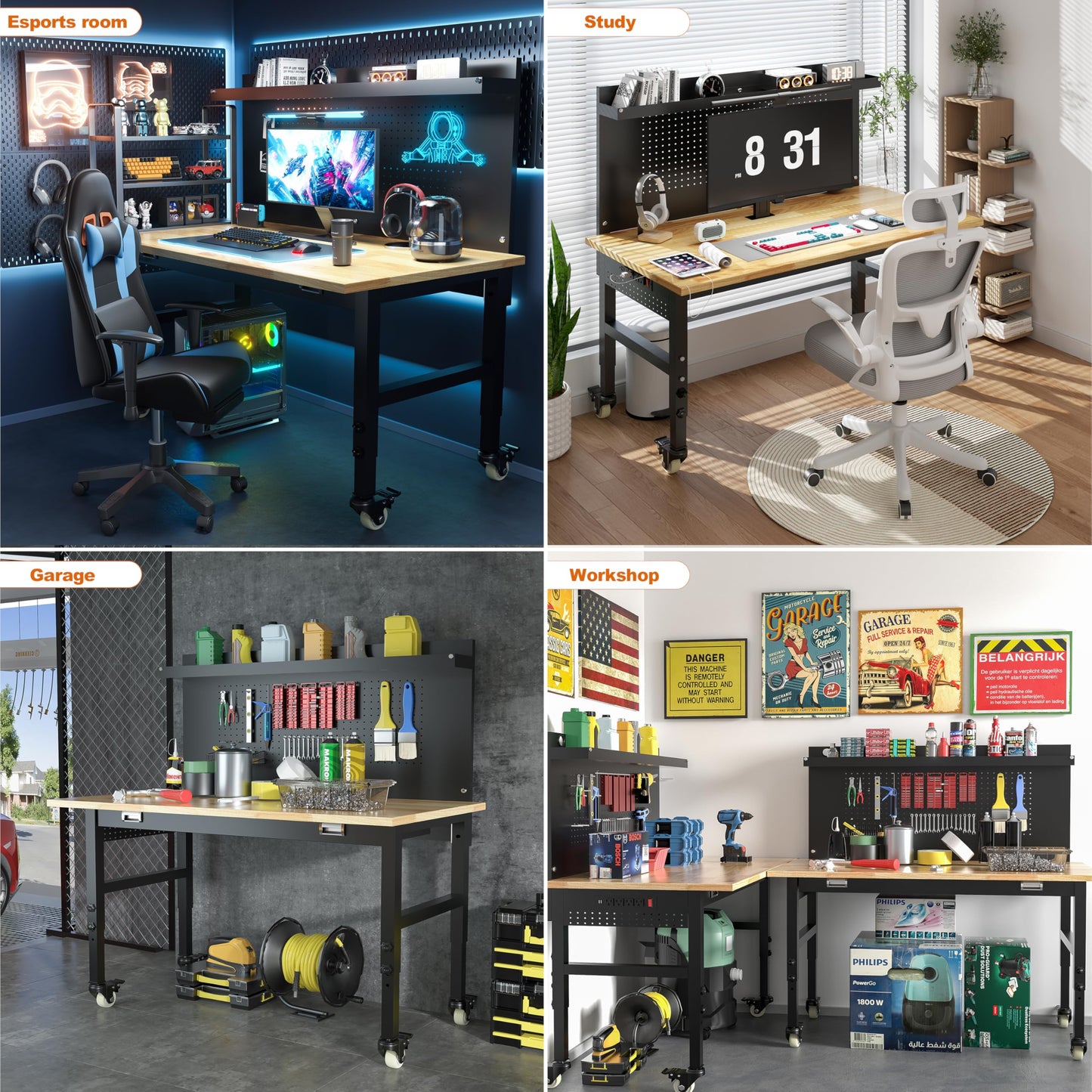 Betterhood 48" Heavy Duty Adjustable Workbench with Large Pegboard, Adjustable Work Table with Power Outlets & Lockable Wheels, Rubber Wood Workstation for Garage, Workshop, Office, Home, Commercial