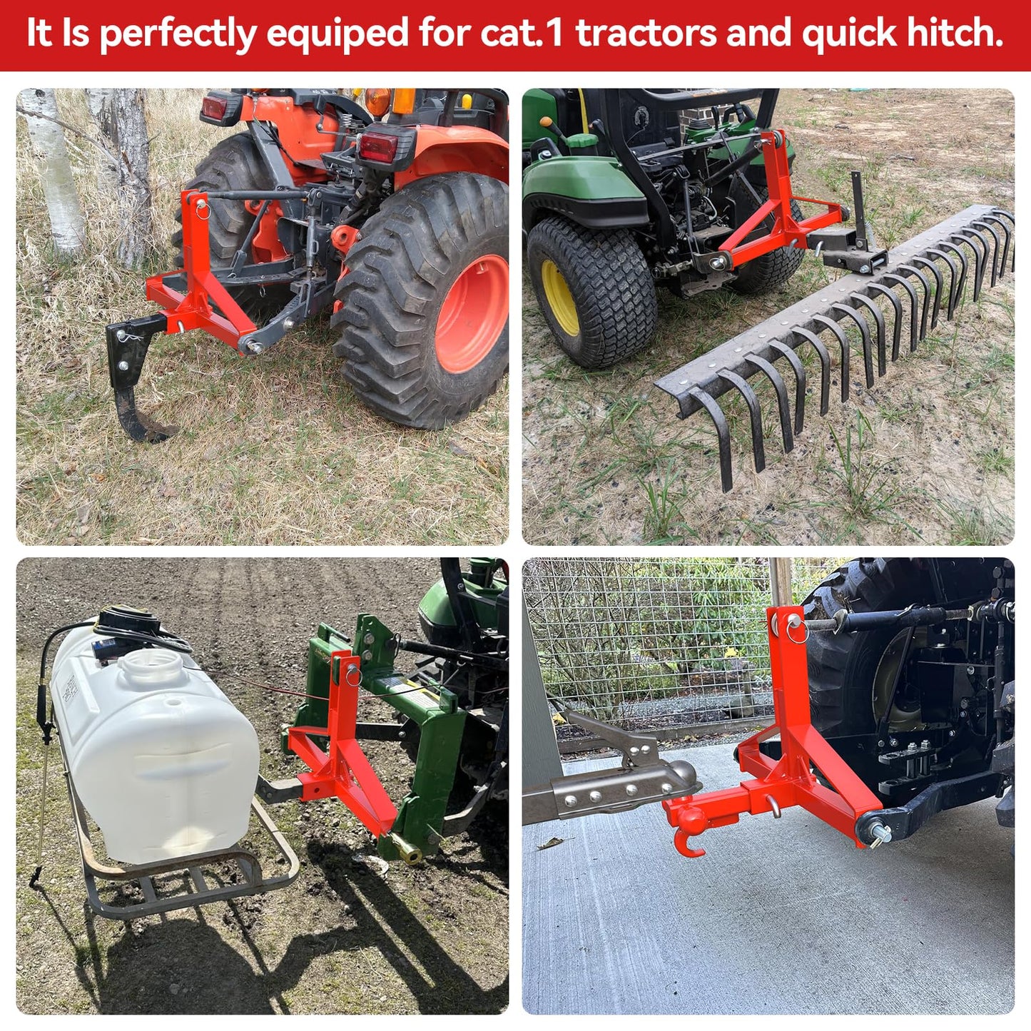 Red 3 Point Trailer Hitch with Receiver and Ball, Tractor Mover Drawbar, Farm Equipment and Subcompact Trailer Hitch for Tractor Standard Category 1