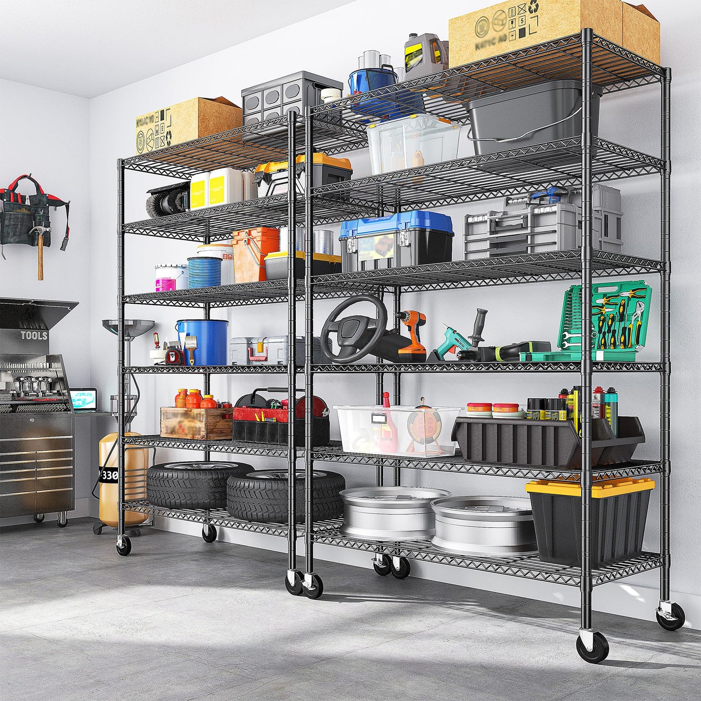Romorgniz 6-Tier Rolling Storage Shelves, 82" H x 45" W x 18" D Adjustable Wire Shelving Unit with Locking Wheels, Heavy-Duty Metal Rack for Garage, Pantry, Kitchen, Basement – Black