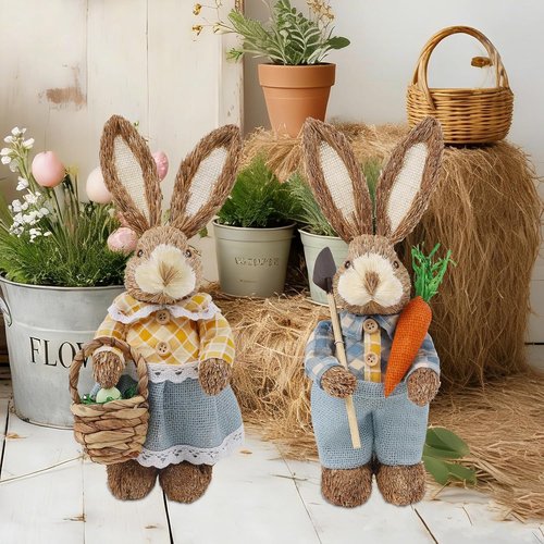 DR.DUDU Easter Bunny Figurines - Set of 2 Rustic Straw Rabbit Statues for Spring Decor | 13-Inch Tabletop Ornaments