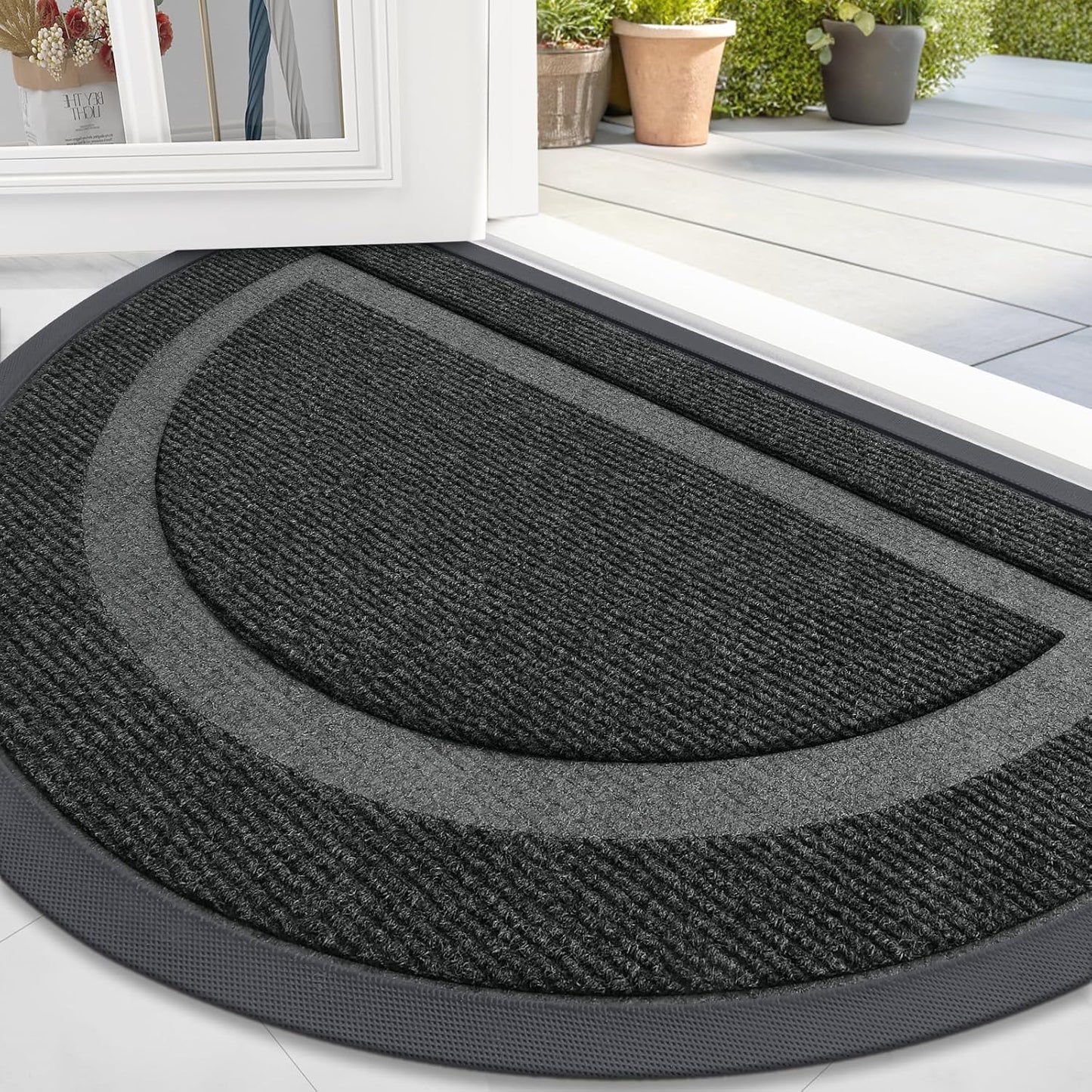 OLANLY Half Circle Door Mat - Waterproof All-Season Indoor/Outdoor Welcome Mat | Sturdy Natural Rubber, 47x32, Black