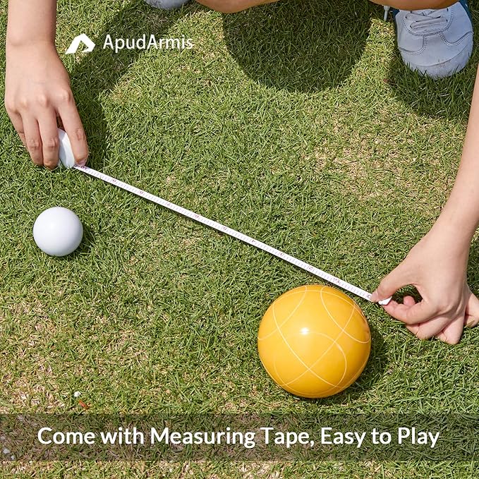 ApudArmis Bocce Balls Set, Regulation Size 100mm Bocce Game for Outdoor/Backyard/Lawn/Beach with 8 PCS 100% Poly-Resin Balls / 1 Pallino/Nylon Carrying Case/Measuring Rope (Red,Blue,Green,Yellow)