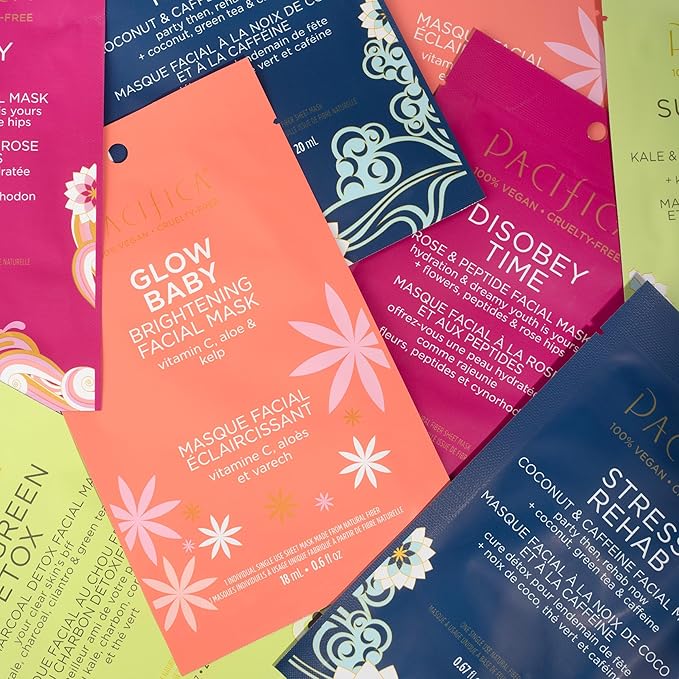 Pacifica 3-Pack Face Sheet Mask Variety Set ??Brightening Vitamin C, Green Detox & Stress Rehab Hydrating Masks for Glowing Skin, Holiday Beauty Gift for Women Teens Girls, Vegan Clean Skincare