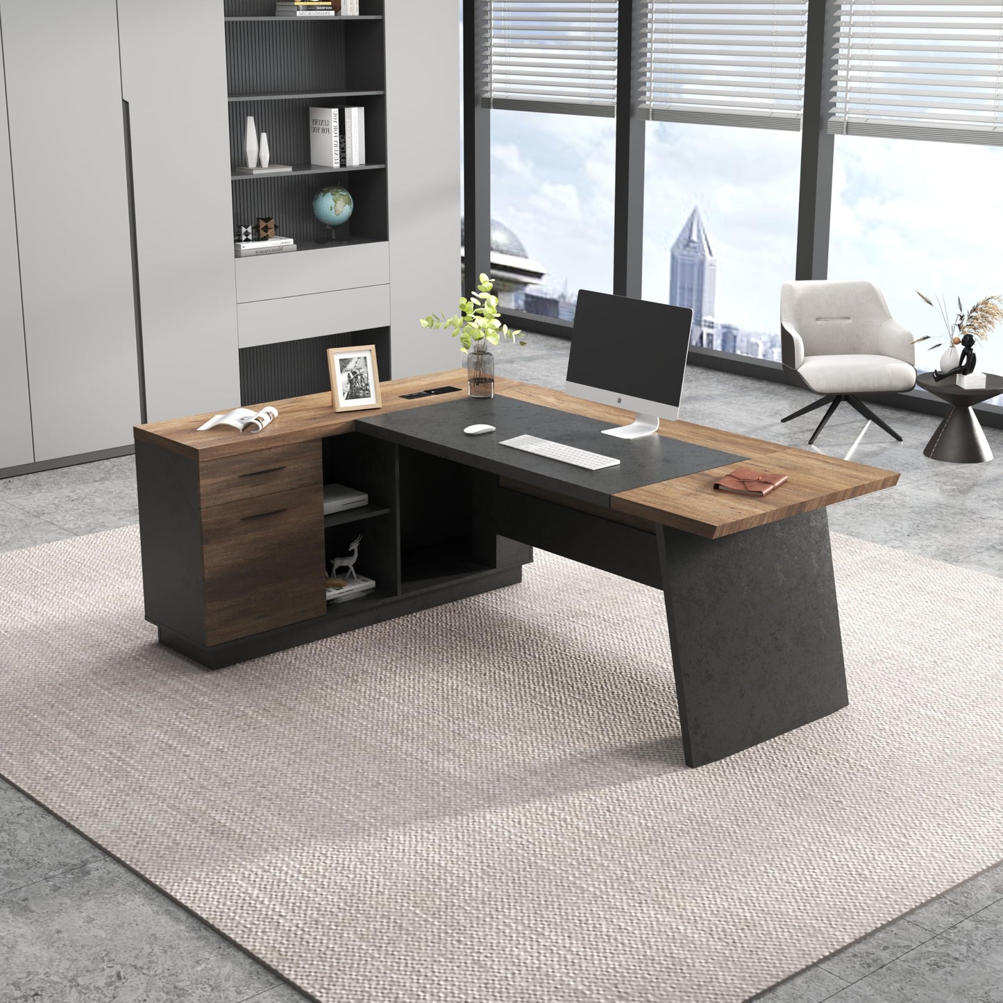 SAINTCY L-Shaped Executive Desk, 78.74 Inches Large Office Desk, Modern Computer Table Set with Drawers & Storage Shelves, Business Workstation for Home Office, Left Return