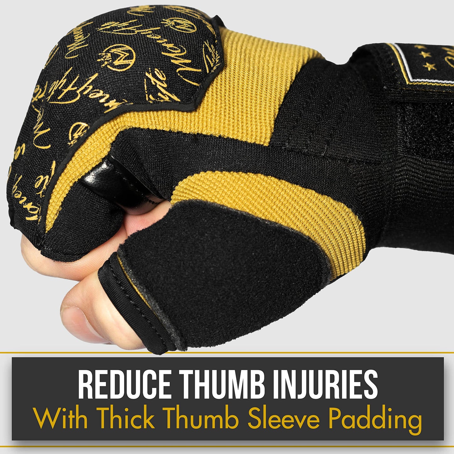 Quick Gel Boxing Wraps Under Boxing Gloves - Kickboxing MMA Muay Thai - Fist, Knuckle, Wrist Wrap Protection Inner Glove Hand Wraps - Men Women Kids - MoneyFyte (Black/Gold, S/M)